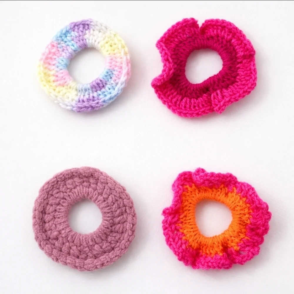 Handmade Textured Crocheted Scrunchies Ponytail Holder Hair Tie Set Of 4 - New